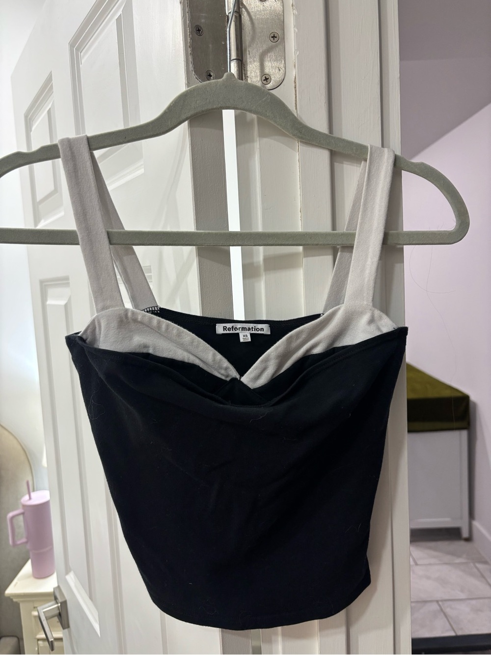 Reformation Black Crop Top with Cream Contrast Straps